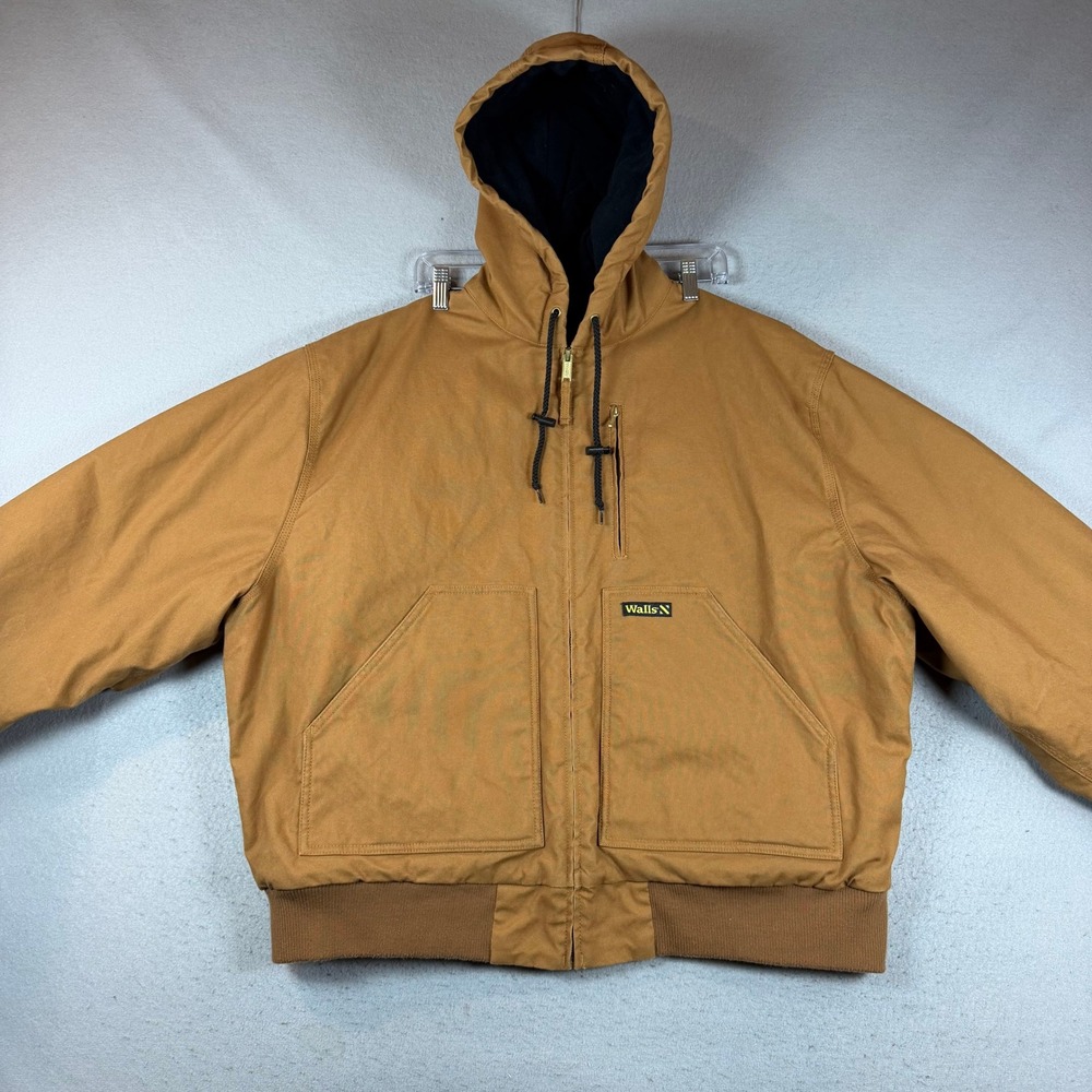 Walls Jacket Mens XLR Work Jacket Brown Hooded Duck Canvas Zip Front EUC